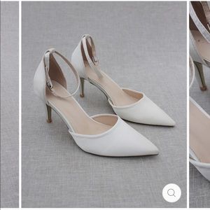 Ivory Satin Pointy Toe Heels with Ankle Strap